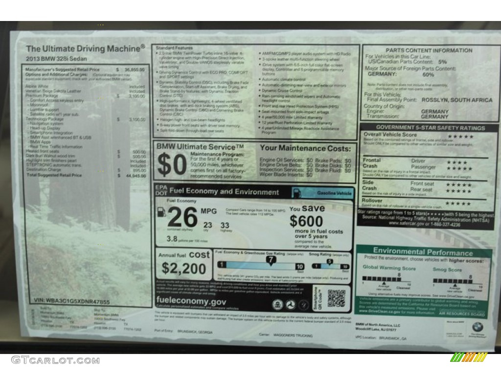 2013 BMW 3 Series 328i Sedan Window Sticker Photo #79148275