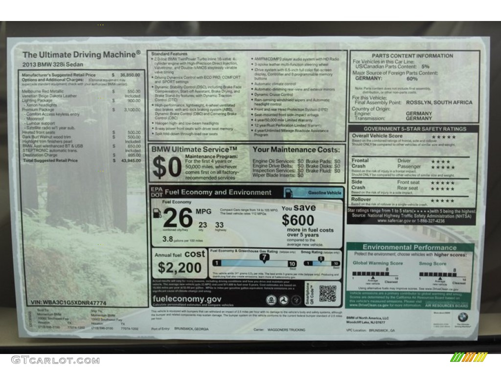 2013 BMW 3 Series 328i Sedan Window Sticker Photo #79149777