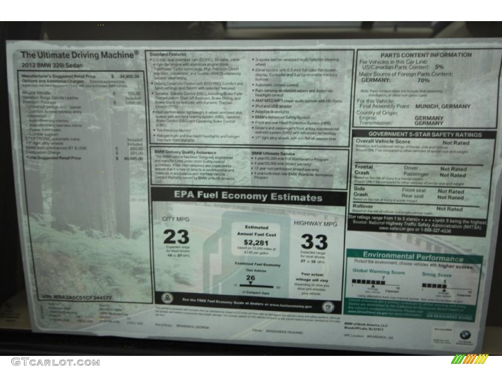 2012 BMW 3 Series 328i Sedan Window Sticker Photo #79157325