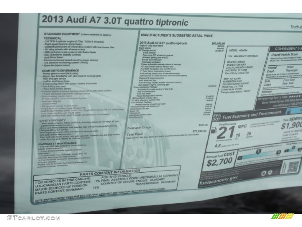 2013 Audi A7 3.0T quattro Prestige Window Sticker Photo #79166300
