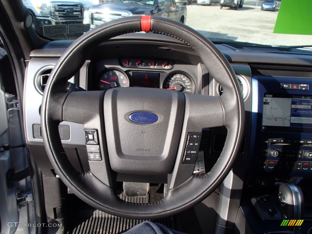 2012 Ford F150 SVT Raptor SuperCab 4x4 Raptor Black Leather/Cloth with Blue Accent Steering Wheel Photo #79168030