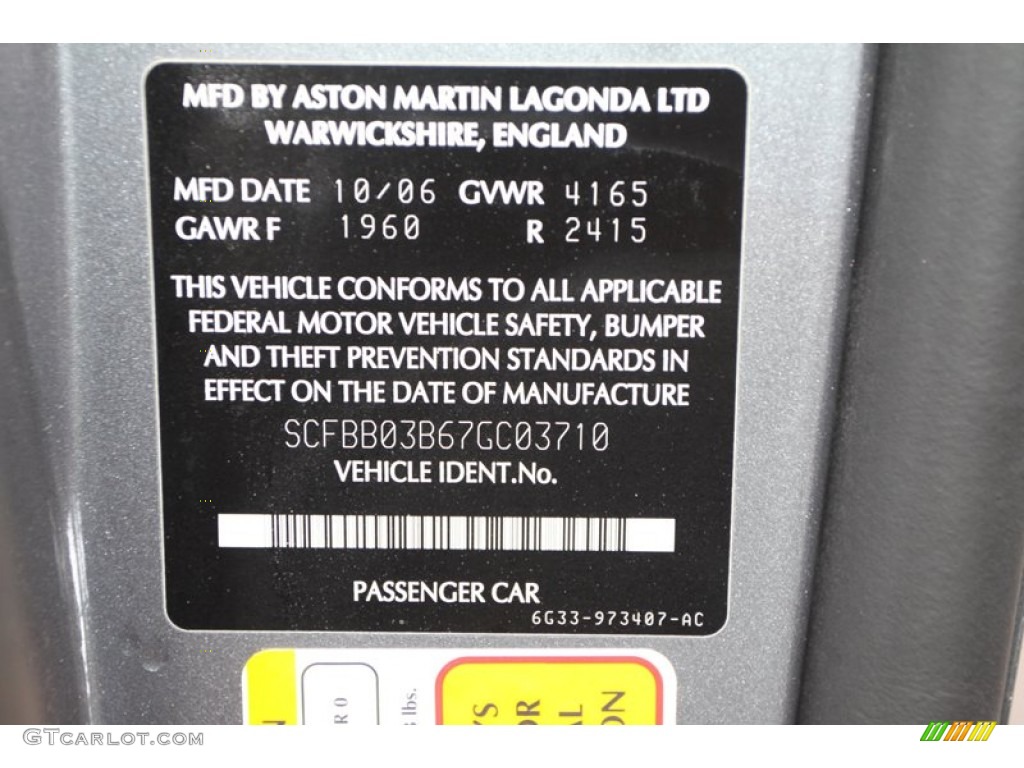 2007 Aston Martin V8 Vantage Coupe Info Tag Photo #79171709