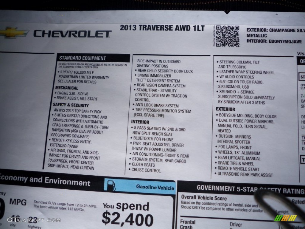 2013 Chevrolet Traverse LT AWD Window Sticker Photo #79194915