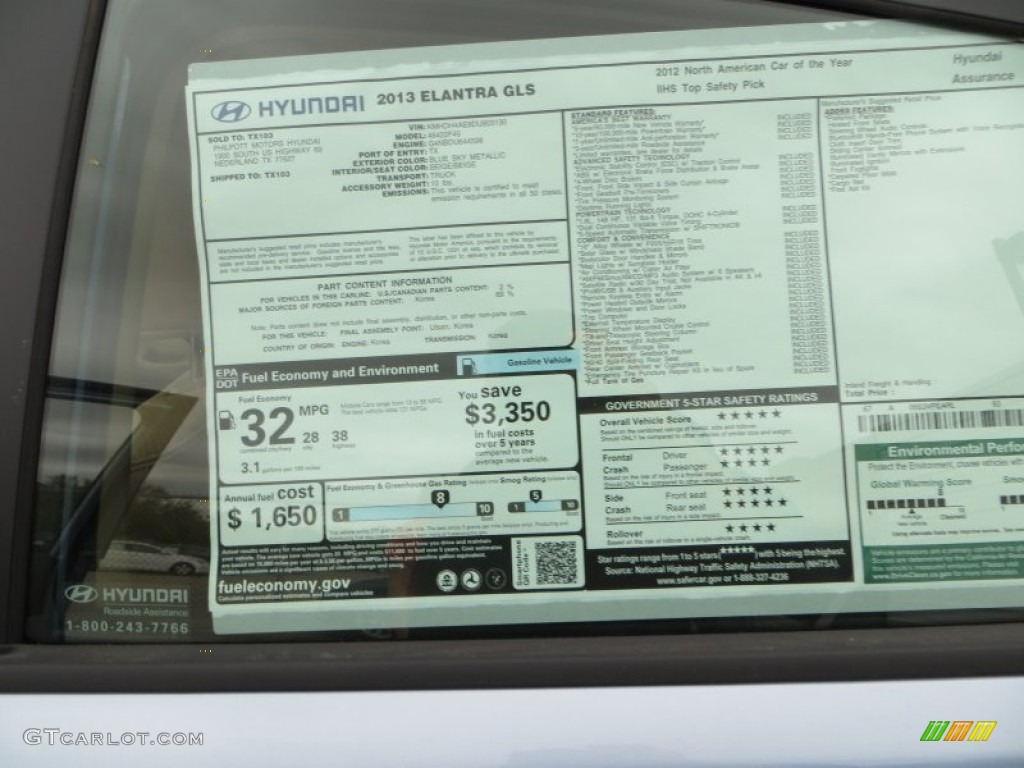 2013 Elantra GLS - Blue Sky Metallic / Beige photo #31