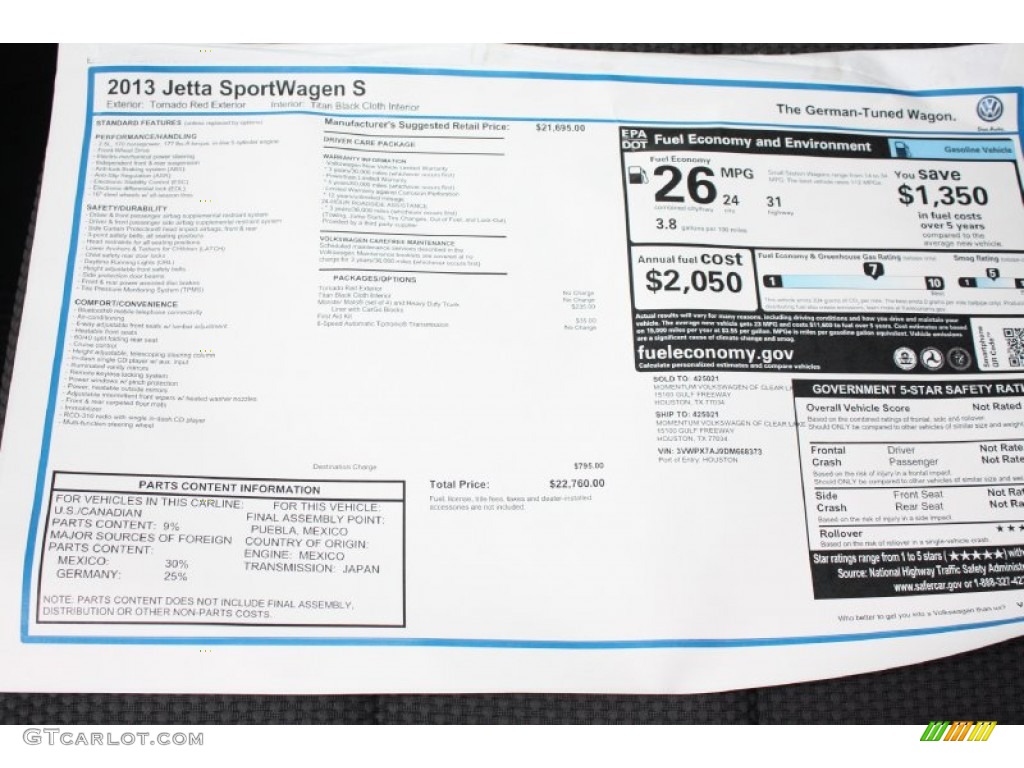 2013 Volkswagen Jetta S SportWagen Window Sticker Photo #79226778