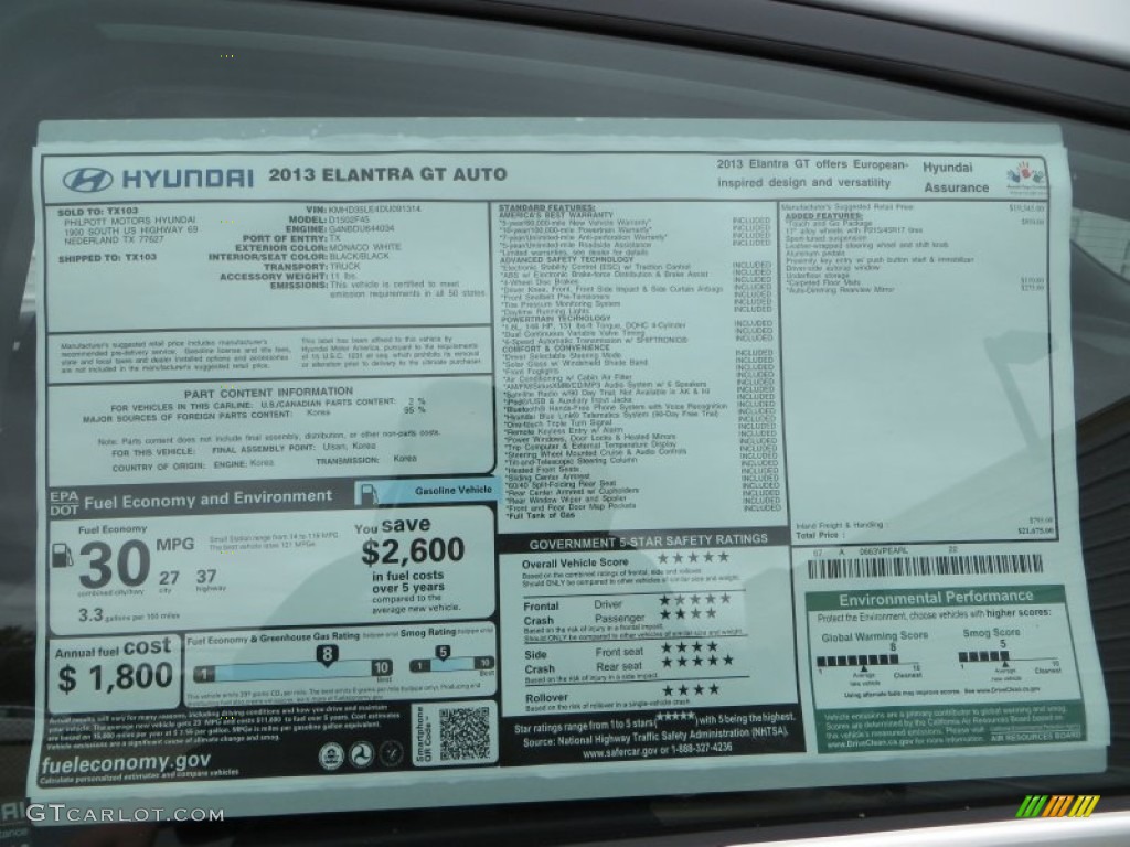 2013 Elantra GT - Monaco White / Black photo #33