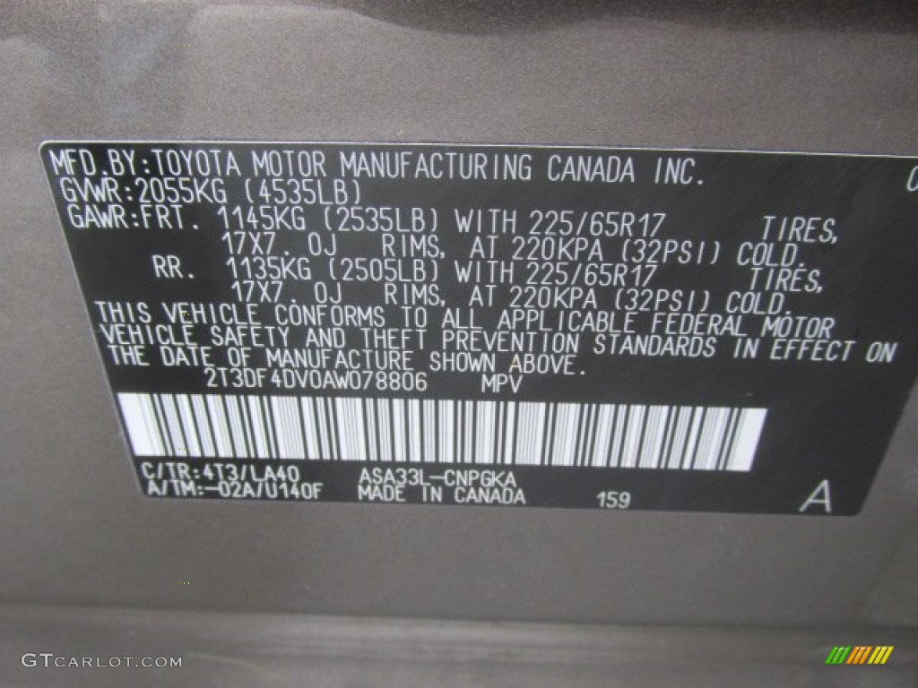 2010 Toyota RAV4 Limited 4WD Color Code Photos