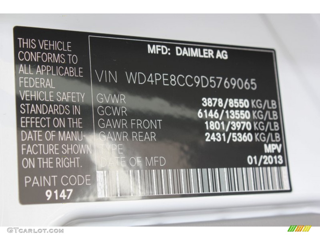 2013 Sprinter Color Code 9147 for Arctic White Photo #79258552