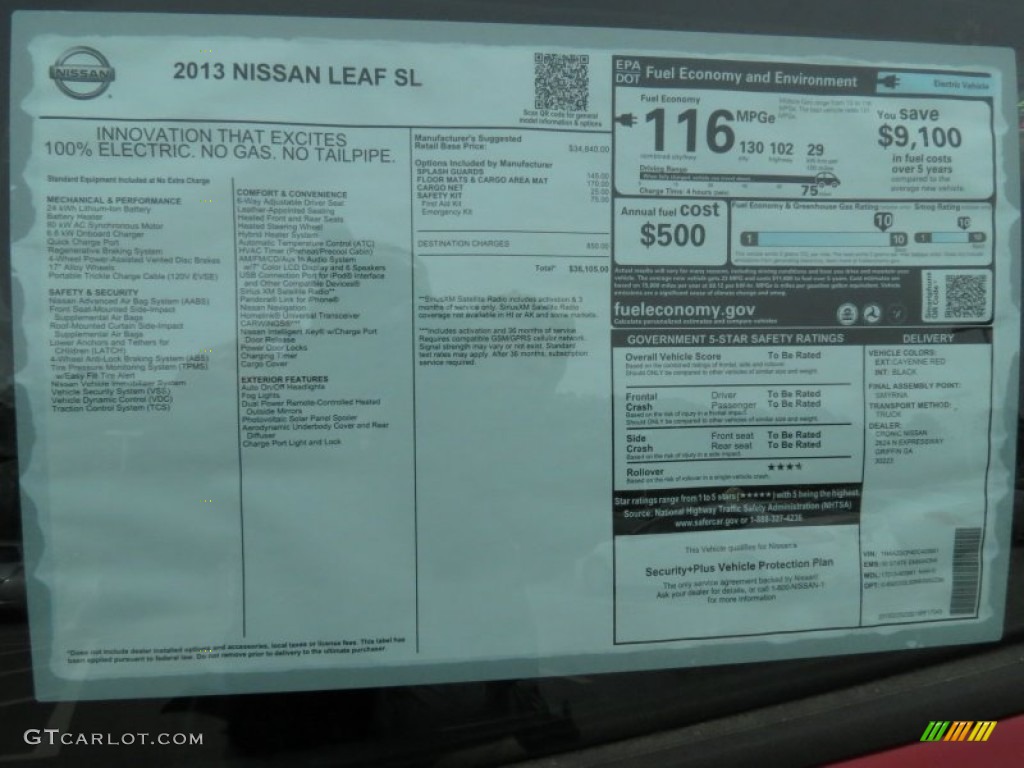 2013 Nissan LEAF SL Window Sticker Photo #79297856