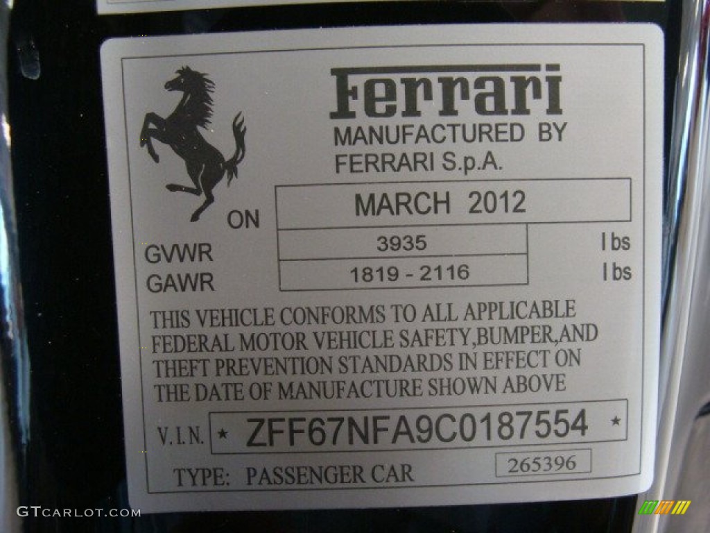 2012 Ferrari 458 Italia Info Tag Photo #79308191