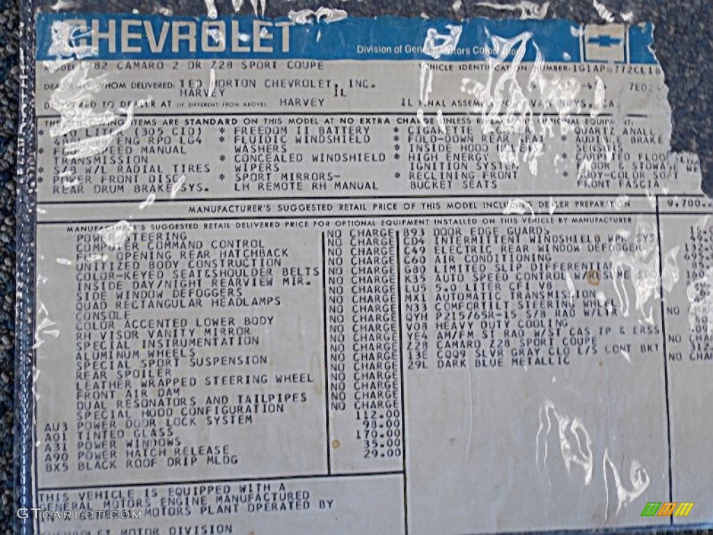 1982 Chevrolet Camaro Z28 Coupe Window Sticker Photo #79326609