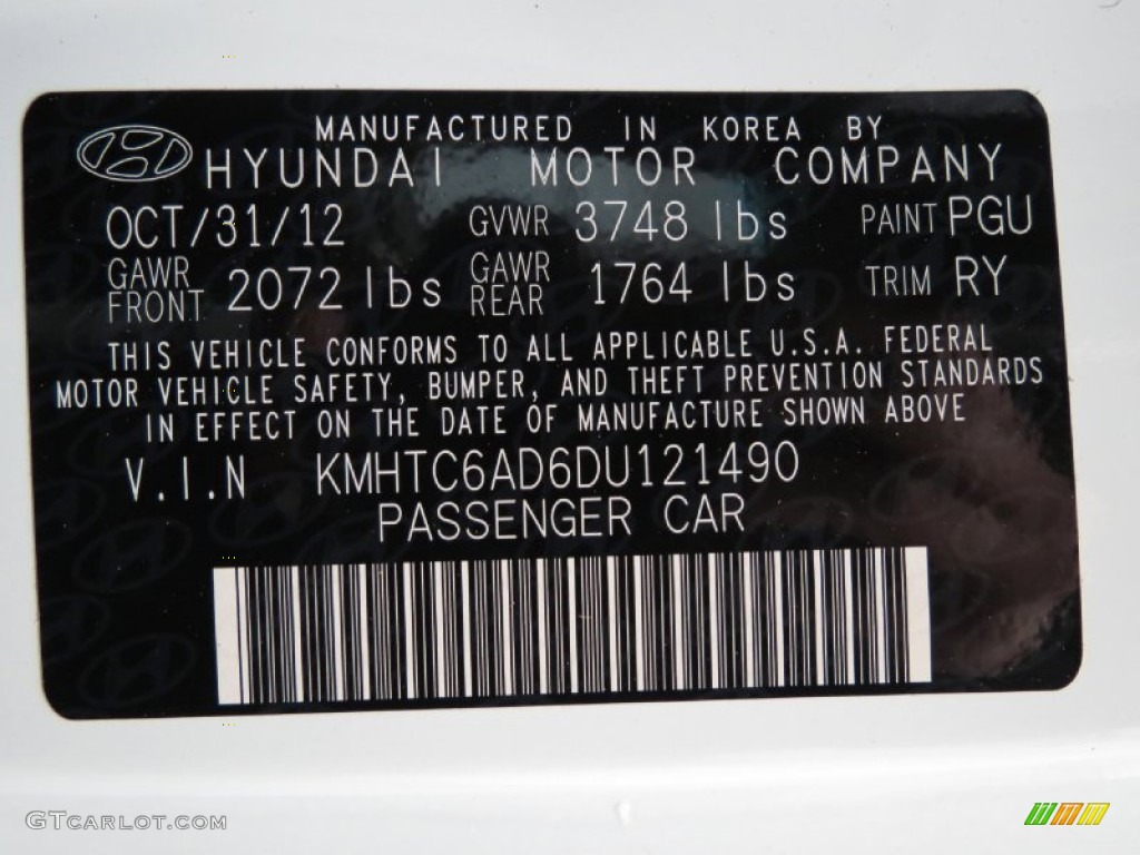 2013 Veloster Color Code PGU for Century White Photo #79332808