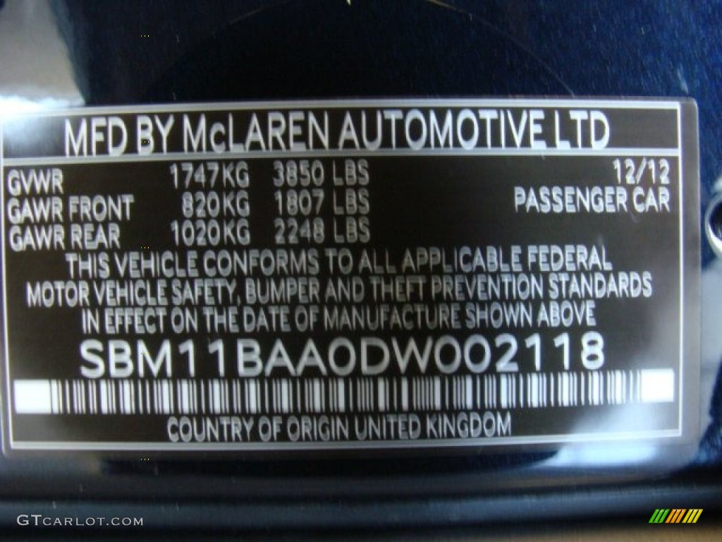 2013 McLaren MP4-12C 12C Spider Info Tag Photo #79345286