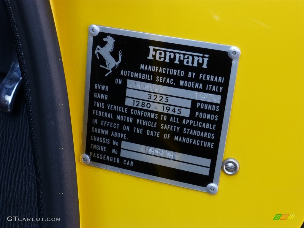 1974 Ferrari Dino 246 GTS Info Tag Photo #79354114