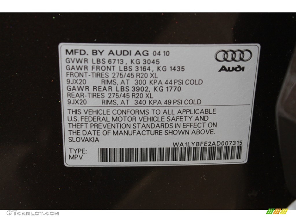 2010 Audi Q7 3.6 Premium Plus quattro Info Tag Photo #79452569