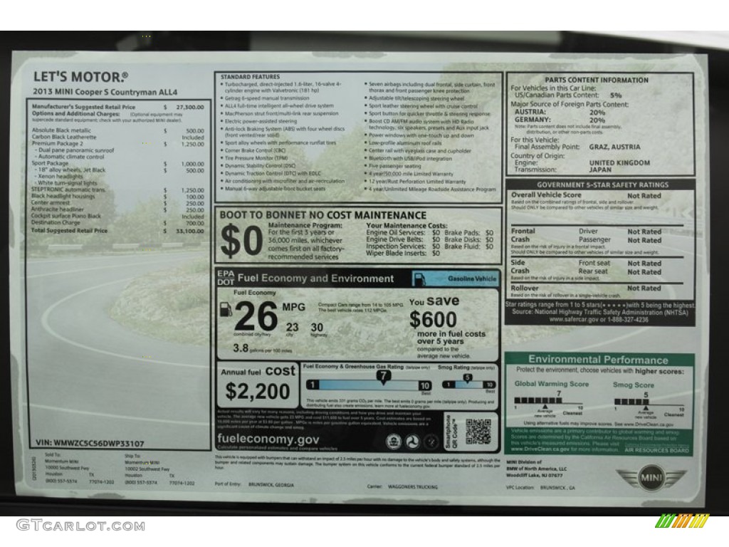 2013 Mini Cooper S Countryman ALL4 AWD Window Sticker Photo #79480829
