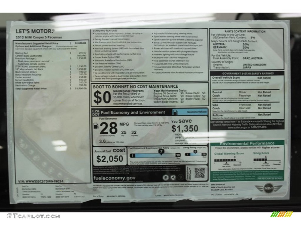 2013 Mini Cooper S Paceman Window Sticker Photo #79481372