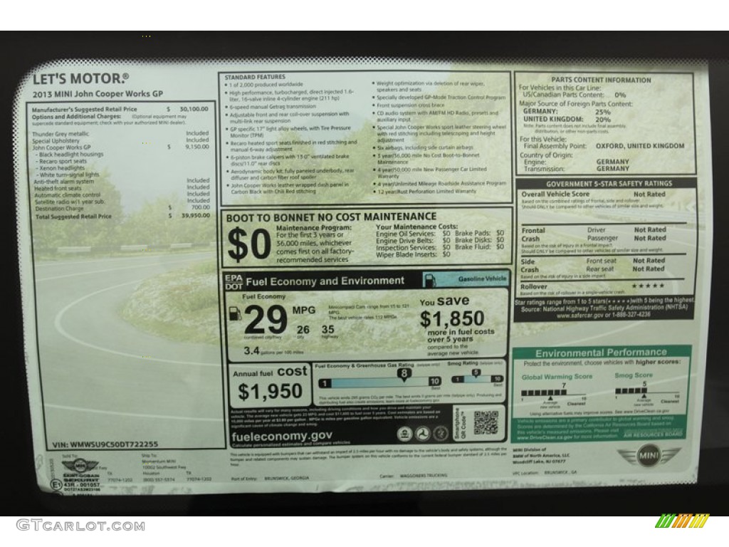 2013 Mini Cooper John Cooper Works GP Window Sticker Photo #79483241