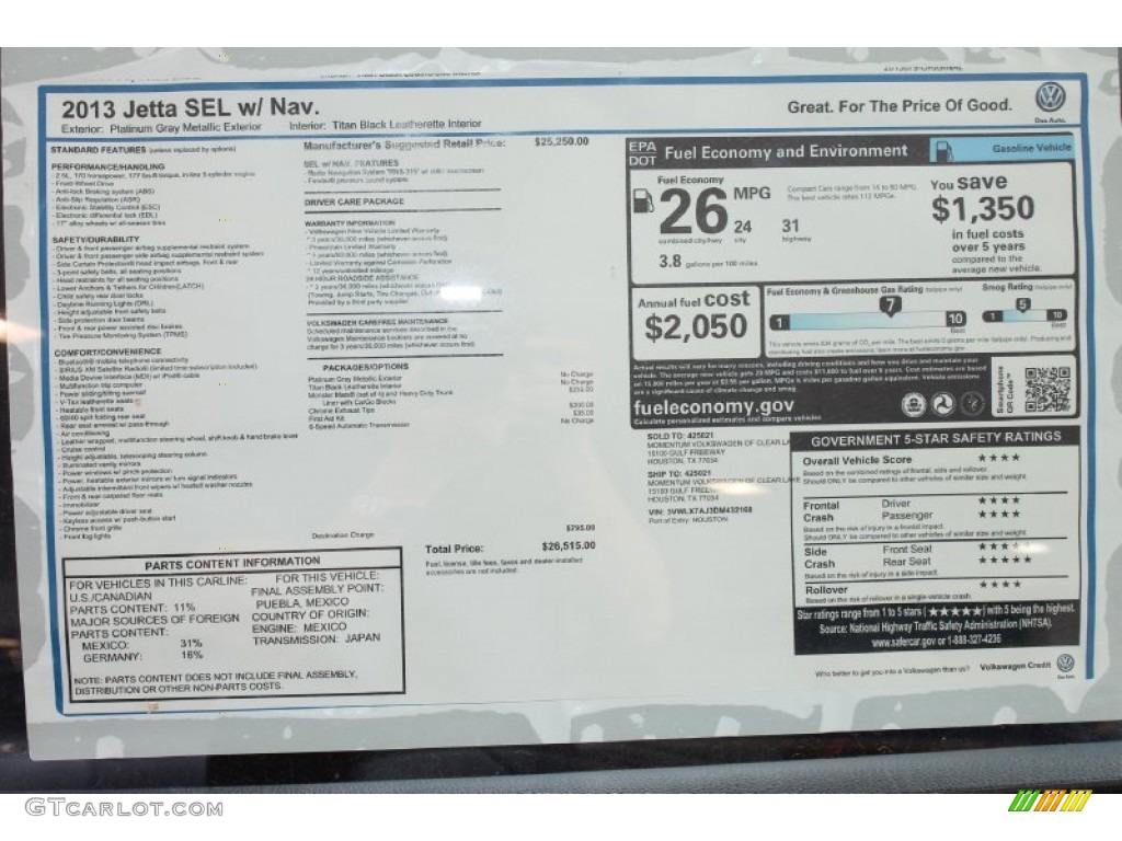 2013 Volkswagen Jetta SEL Sedan Window Sticker Photos