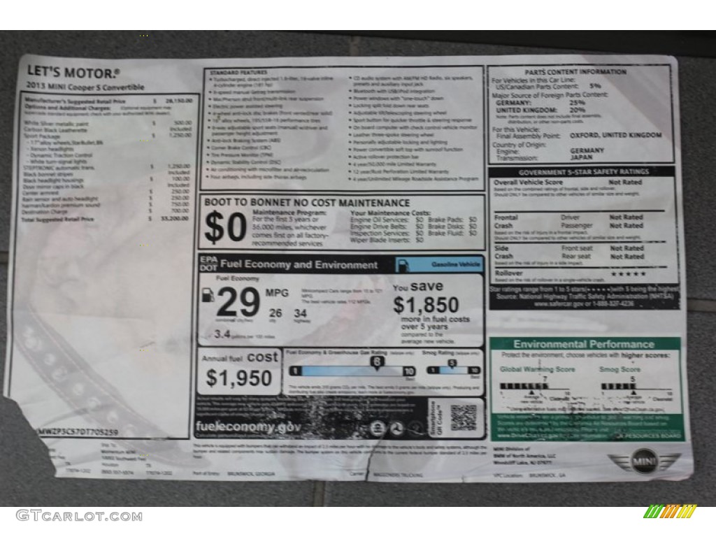 2013 Mini Cooper S Convertible Window Sticker Photo #79483853