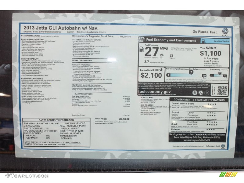 2013 Volkswagen Jetta GLI Autobahn Window Sticker Photo #79490092