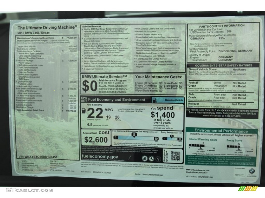2013 BMW 7 Series 740Li Sedan Window Sticker Photo #79493358