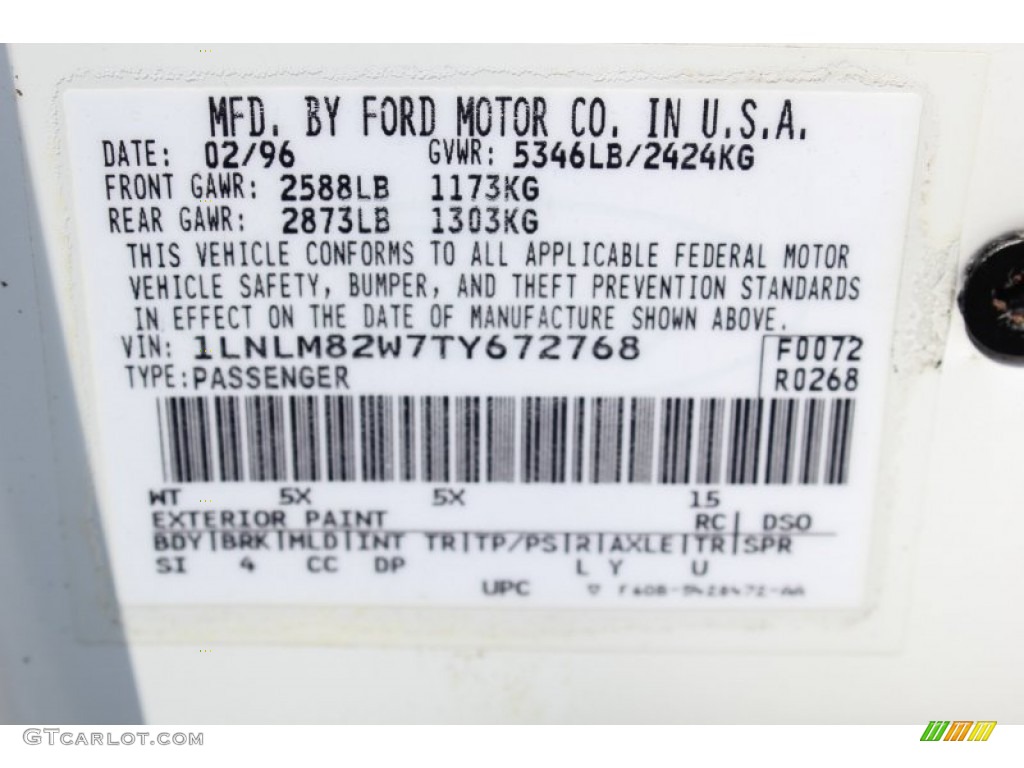 1996 Town Car Color Code WT for Performance White Photo #79498660
