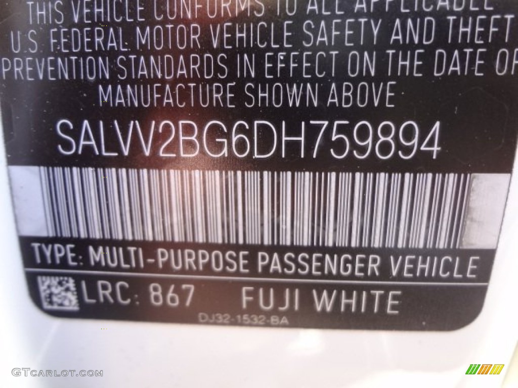 2013 Range Rover Evoque Color Code 867 for Fuji White Photo #79503503