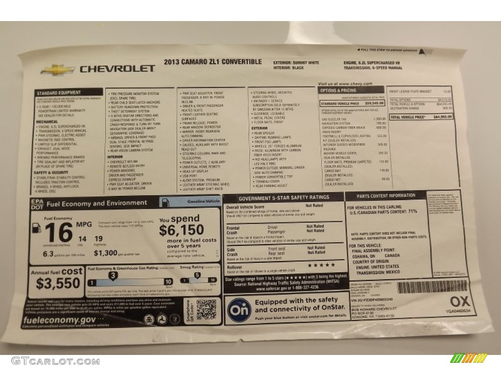 2013 Chevrolet Camaro ZL1 Convertible Window Sticker Photo #79543907