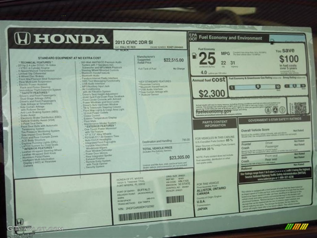 2013 Honda Civic Si Coupe Window Sticker Photo #79547923
