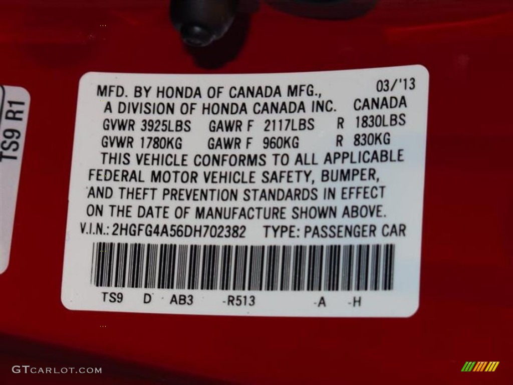 2013 Civic Color Code R513 for Rallye Red Photo #79547965
