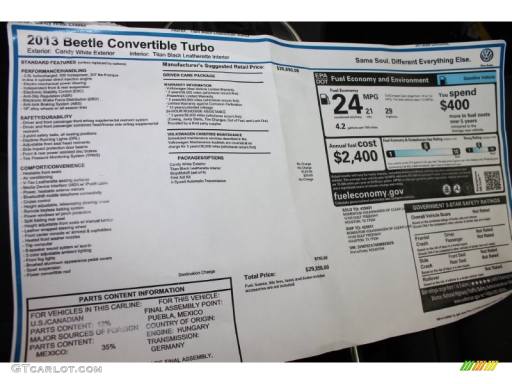 2013 Volkswagen Beetle Turbo Convertible Window Sticker Photo #79557028