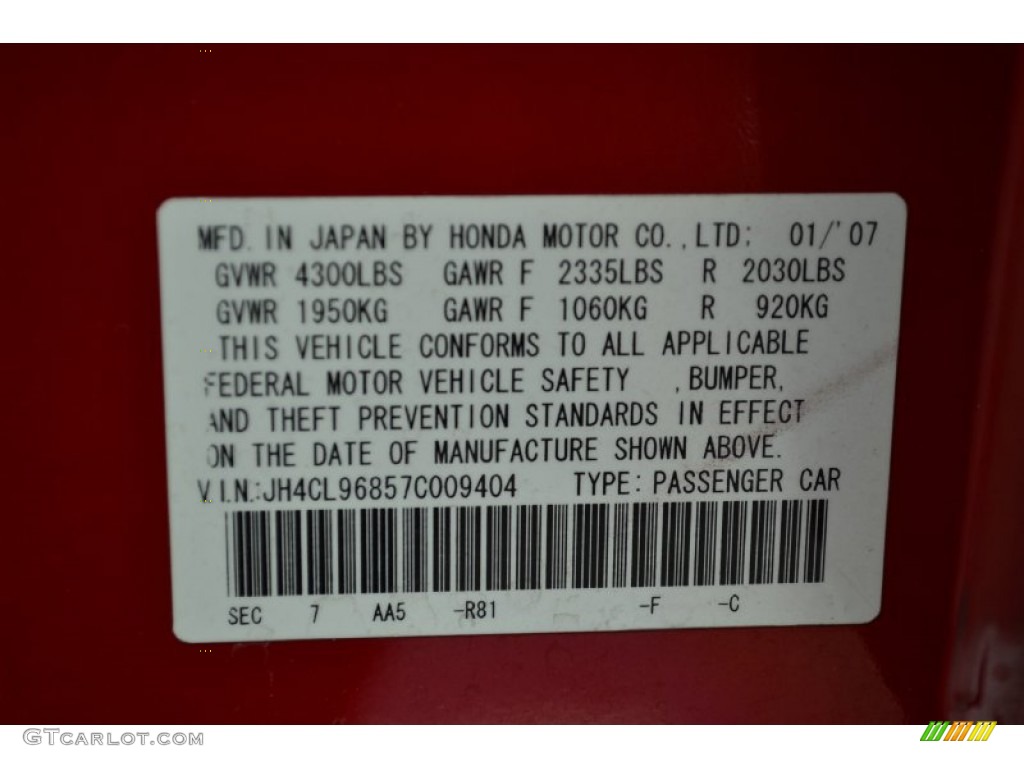 2007 TSX Color Code R81 for Milano Red Photo #79582048