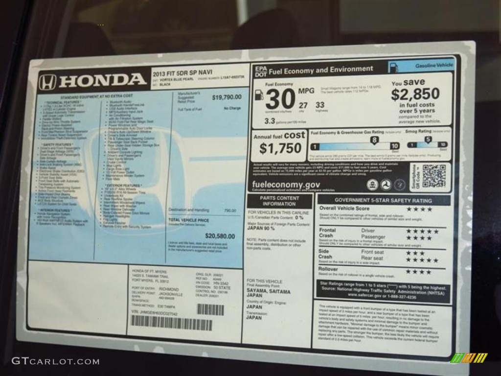 2013 Honda Fit Sport Window Sticker Photo #79586419