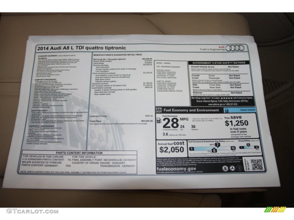 2014 Audi A8 L TDI quattro Window Sticker Photo #79590214