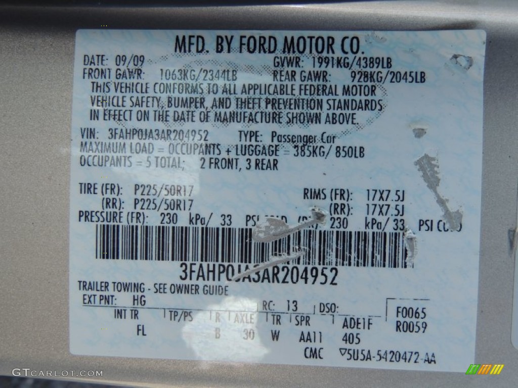 2010 Ford Fusion SEL Color Code Photos