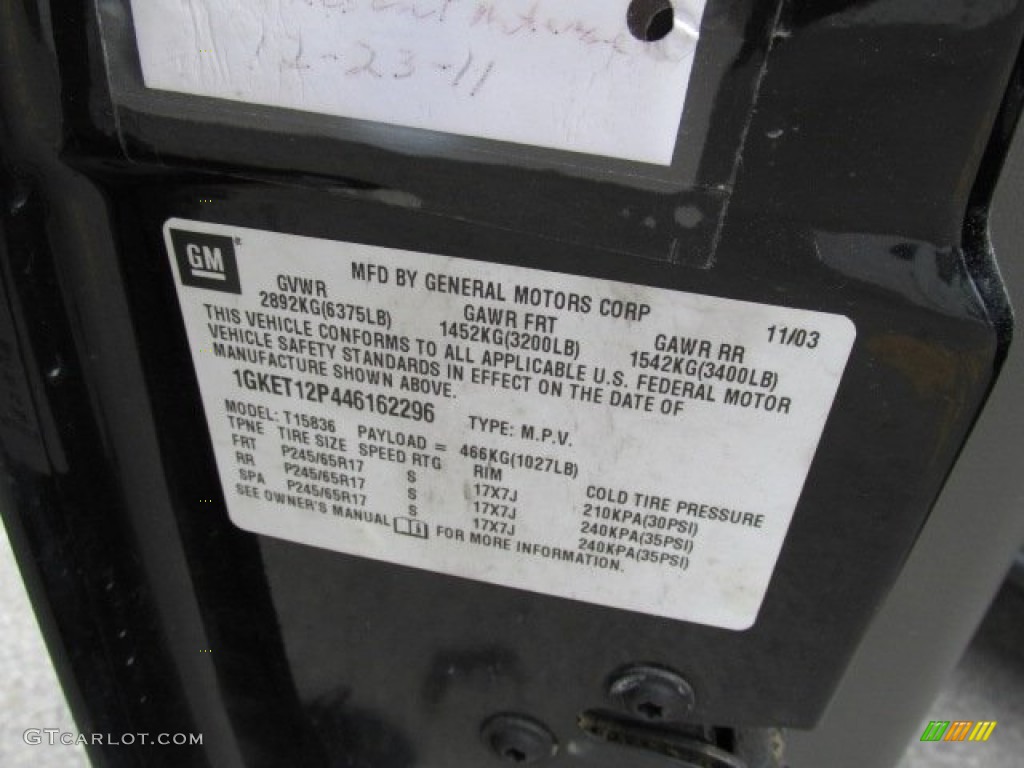 2004 GMC Envoy XUV SLT 4x4 Info Tag Photo #79604913