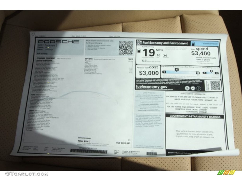 2013 Porsche Panamera S Window Sticker Photo #79633118