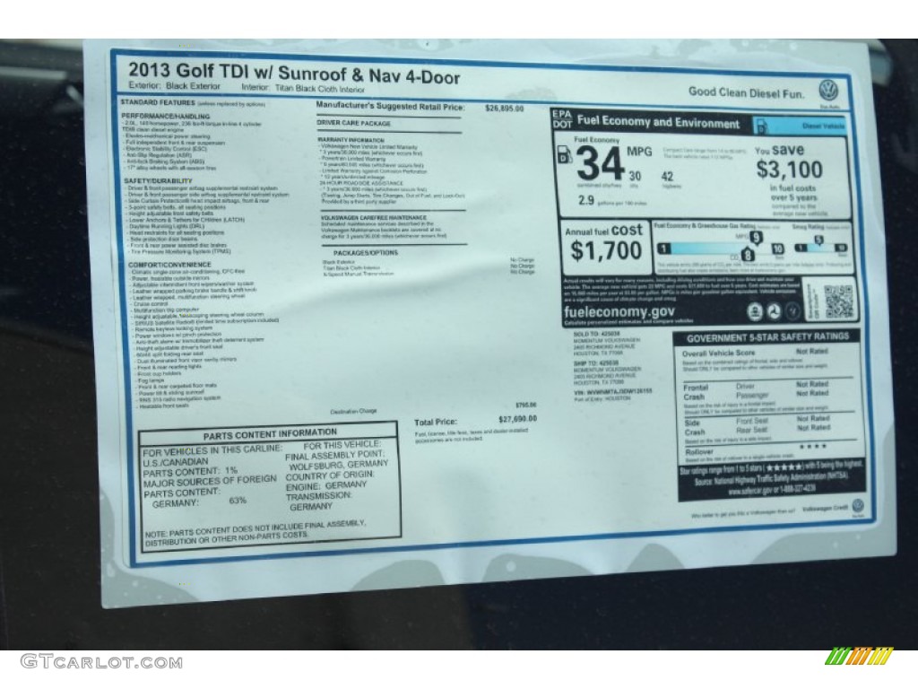 2013 Volkswagen Golf 4 Door TDI Window Sticker Photos