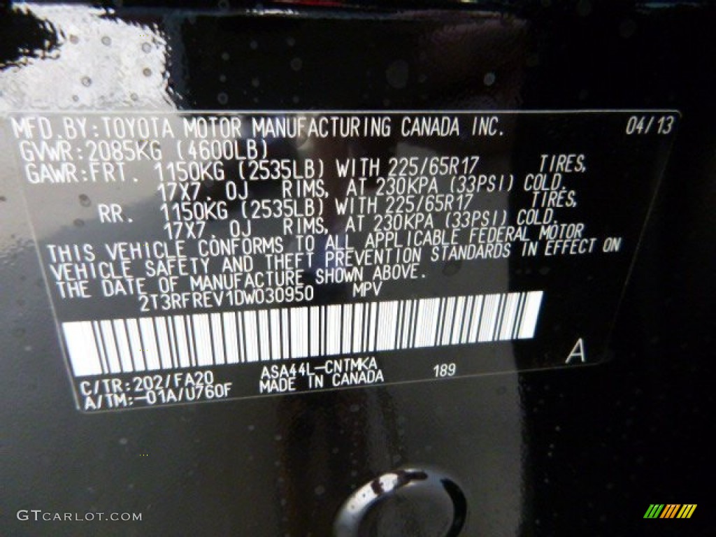 2013 Toyota RAV4 XLE AWD Color Code Photos