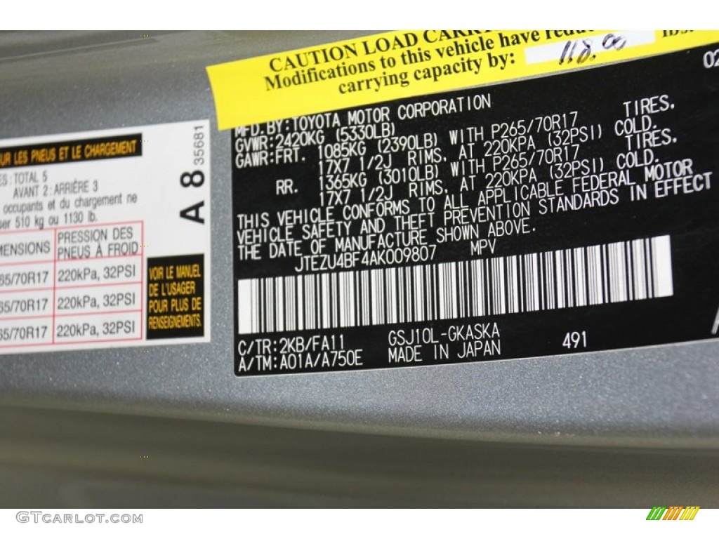 2010 Toyota FJ Cruiser Standard FJ Cruiser Model Color Code Photos