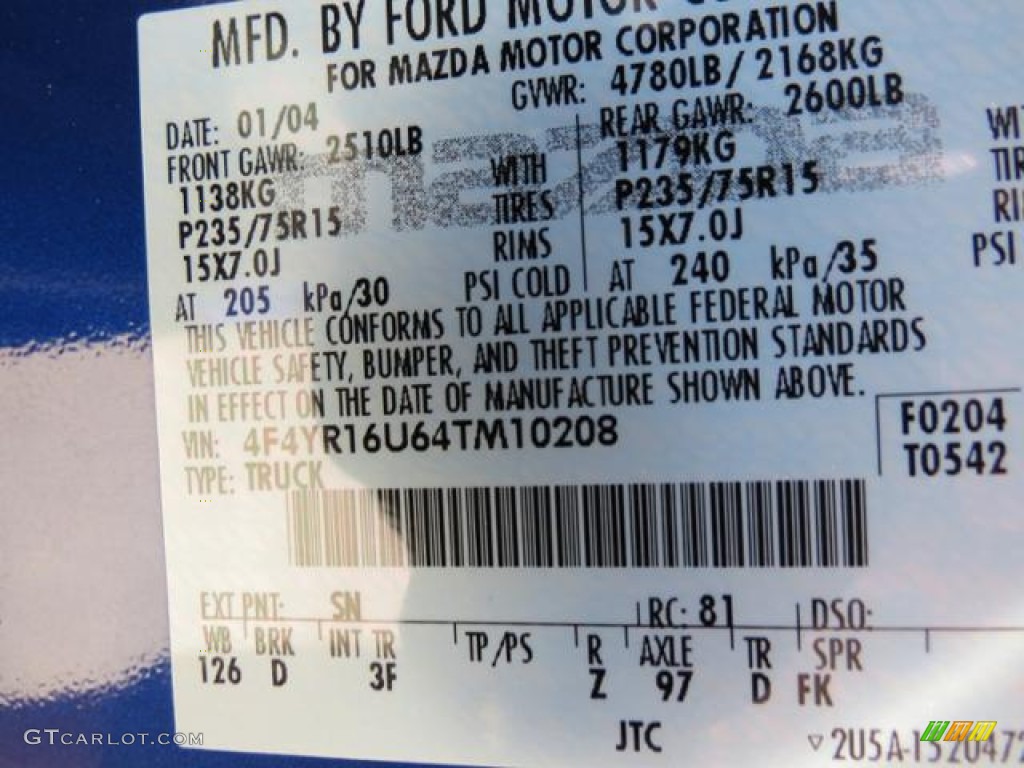 2004 B-Series Truck Color Code SN for Lapis Blue Metallic Photo #79688796