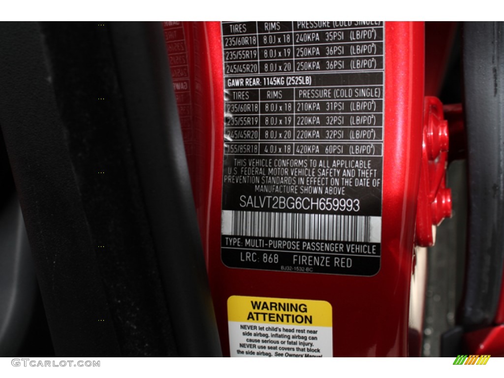 2012 Range Rover Evoque Color Code 868 for Firenze Red Metallic Photo #79689013