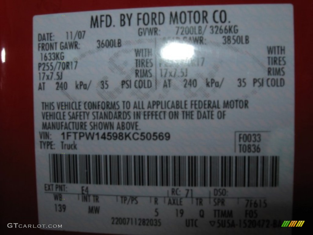 2008 F150 Color Code E4 for Bright Red Photo #79714299