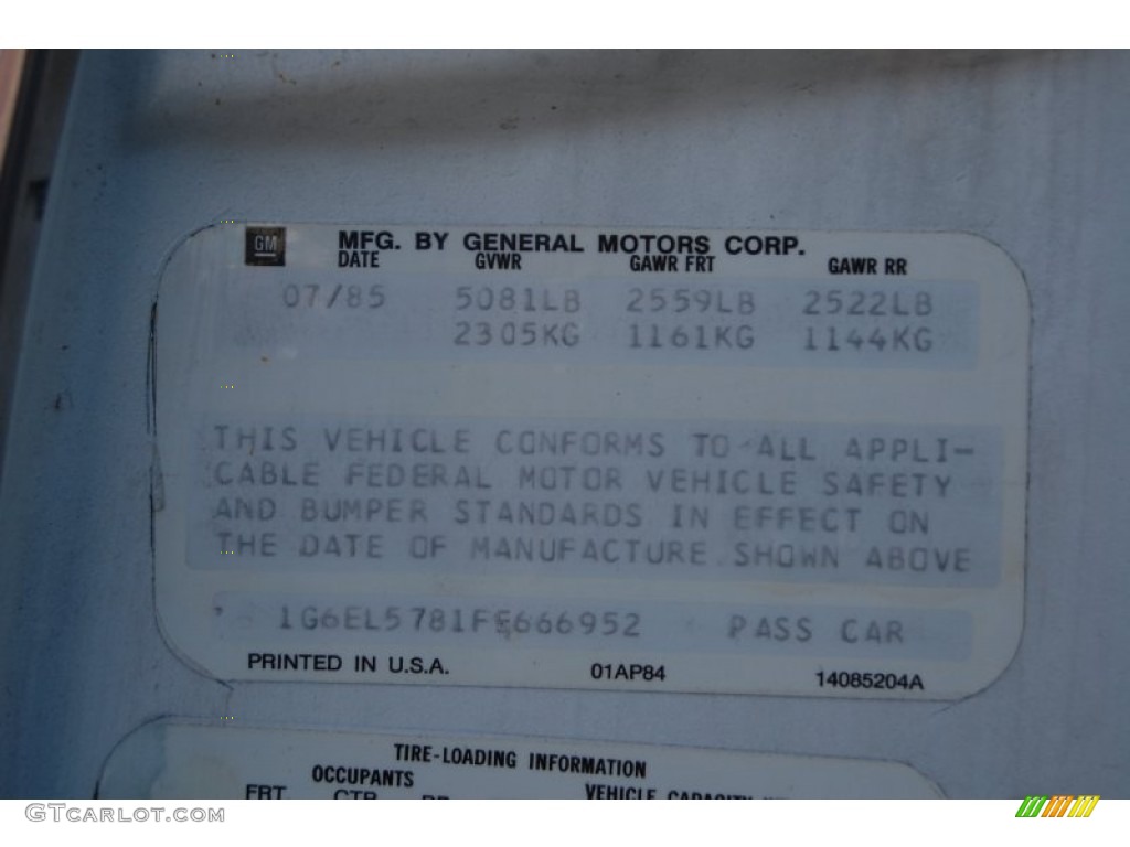 1985 Cadillac Eldorado Biarritz Coupe Info Tag Photo #79736359