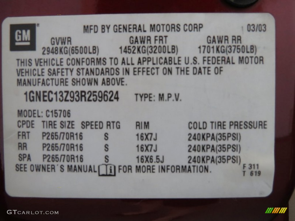 2003 Chevrolet Tahoe LT Info Tag Photo #79748646