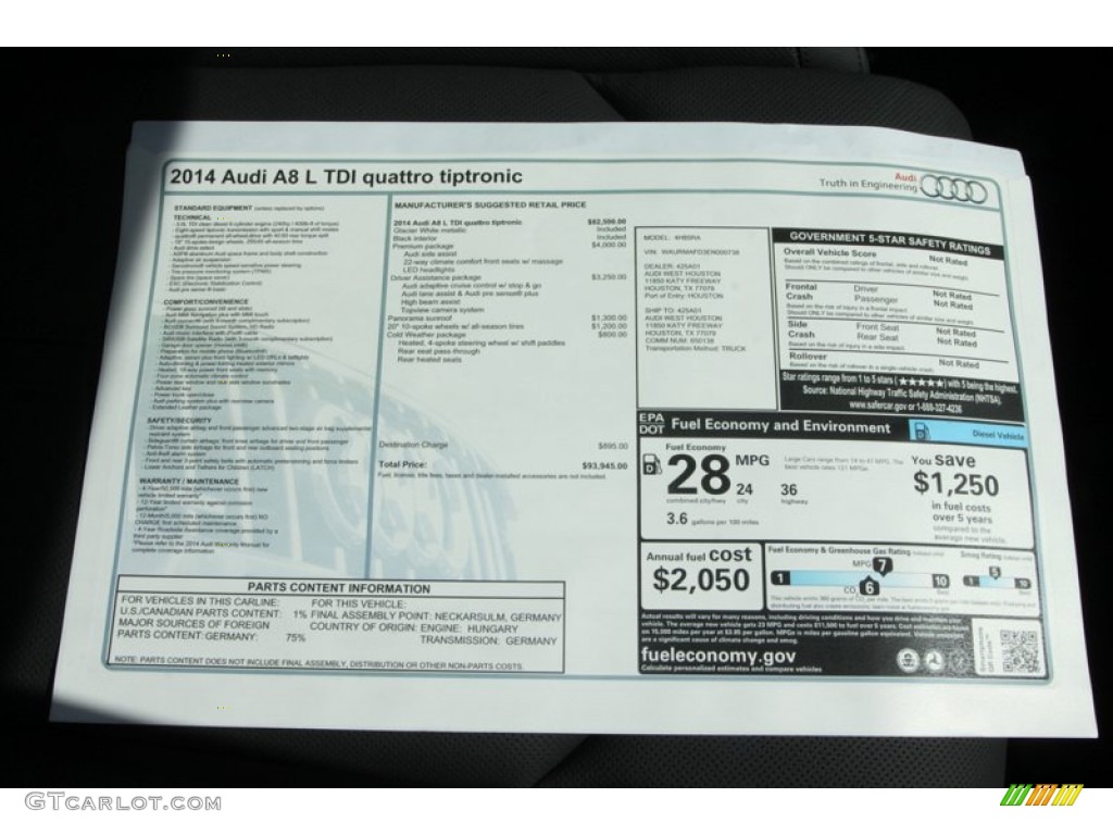 2014 Audi A8 L TDI quattro Window Sticker Photo #79785724