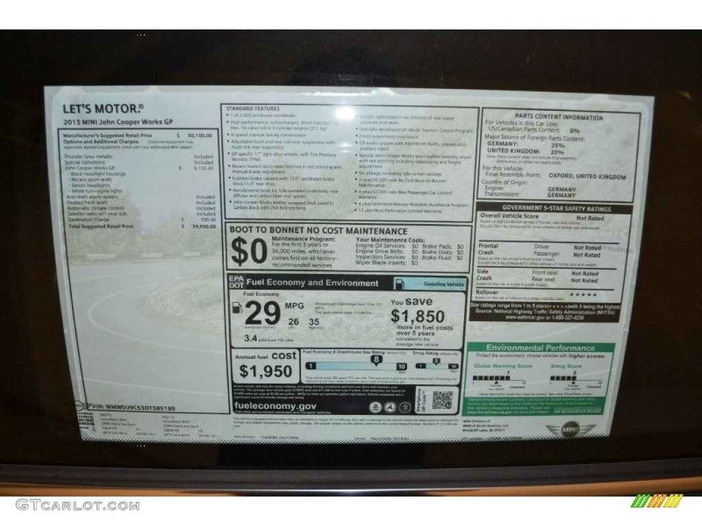 2013 Mini Cooper John Cooper Works GP Window Sticker Photo #79790065