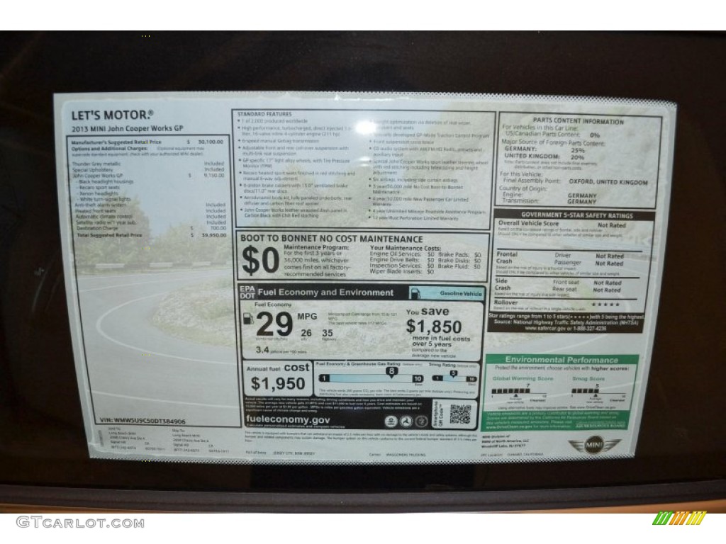 2013 Mini Cooper John Cooper Works GP Window Sticker Photo #79790264