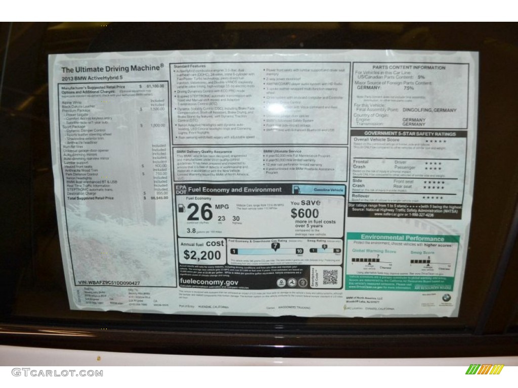 2013 BMW 5 Series ActiveHybrid 5 Window Sticker Photos